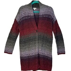 J Jill Sweater Ombre Cable Knit One Button Open Front Cardigan Gray Red Purple S